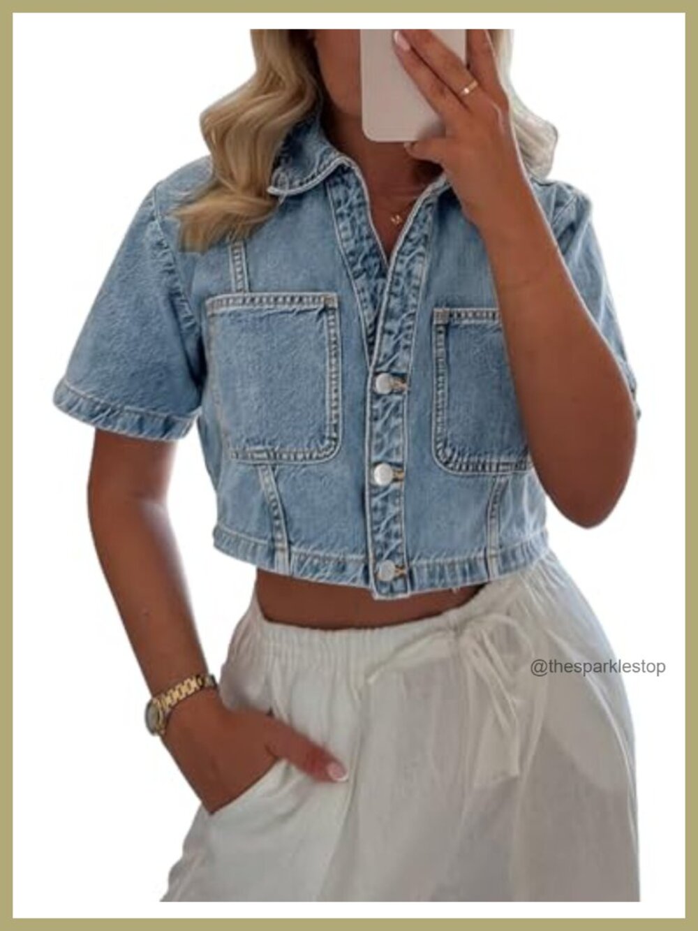Women's Cropped Denim Jacket Short Sleeve Button Down Jean Shirt
